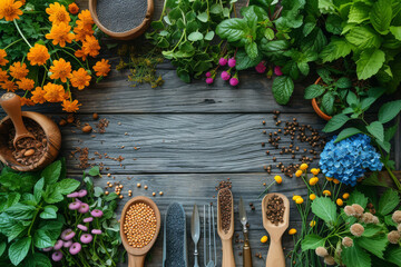 Gardening tools and seeds arranged on a wooden background, symbolizing spring planting. Concept of gardening and growth. Generative Ai.