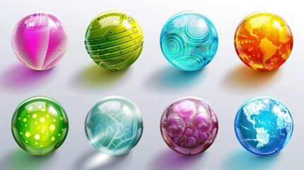 Glossy and colorful abstract globes with various inner spherical patterns - obrazy, fototapety, plakaty