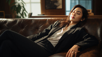 Fototapeta premium ソファで寝てしまうアジア人女性