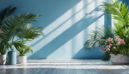 abstract blue studio background for product presentation empty room with shadows of window and flowers and palm leaves 3d room with copy space summer concert blurred backdrop