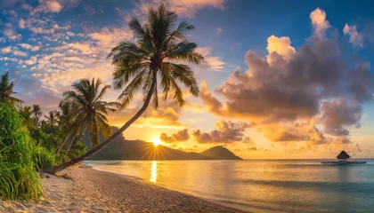 Fotobehang beautiful sunrise over over the sea with palm trees tropical island beach landscape exotic coast fantastic panoramic view holiday summer © Alexander