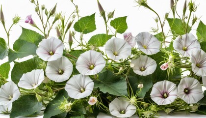 many stems of bindweed with flowers and green leaves isolated on white background