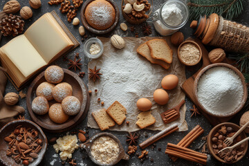 A baker's flat lay with baking ingredients, utensils, and a recipe book. Concept of baking and sweet culinary arts. Generative Ai.