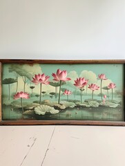 Vintage Floating Lotus Scene - Pond Landscape Nature Wall Art