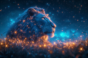 A sparkling blue silhouette of a lion on a night sky background. The symbol of the zodiac sign is leo. Ai generative..