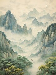 Vintage Mist-Enveloped Mountain Peaks: Nature Art Print of Foggy Heights