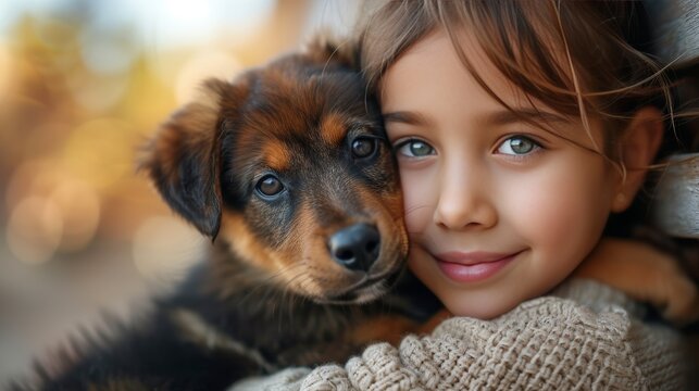 A Child And A Puppy, Sharing A Moment Of Unconditional Love And Companionship