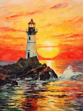 Vintage Lighthouse Art: Coastal Sunset Painting, Beautiful Art Print