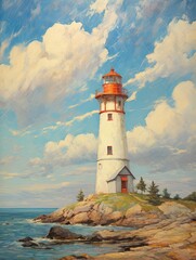 Vintage Lighthouse Landscape with Sky and Clouds Beach Art - Stunning Nautical Scene