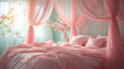 A canopy bed draped with blush pink curtains, inviting cozy bedtime stories and peaceful slumber - obrazy, fototapety, plakaty