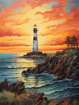 Sunset Painting, Vintage Lighthouse Canvas Print, Nature Artwork