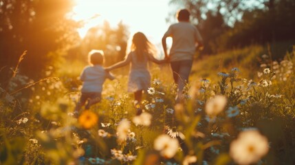 A family picnic, with children playing tag in a field, the joy of simple pleasures - 732788665