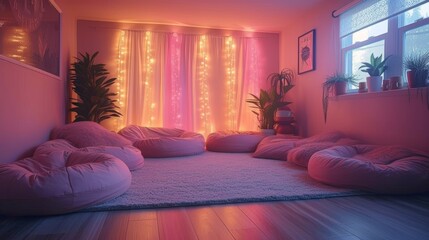 A cozy reading nook nestled in a corner, complete with pink bean bags and fairy lights for a cozy retreat