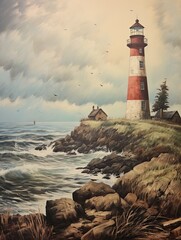 Vintage Lighthouse Painting: Seaside Artwork and Scenic Prints