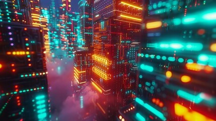 Cyberpunk Night View. Cityscape with bright and glowing neon lights in a Metaverse city and cyberpunk concept
