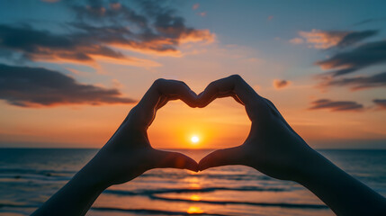 Hands making a heart shape silhouette against a sunset on the beach, romantic vacation love concept