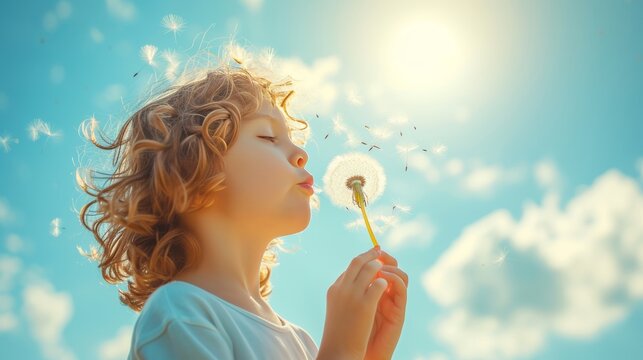 A child blowing dandelion seeds into the wind, making wishes for the future