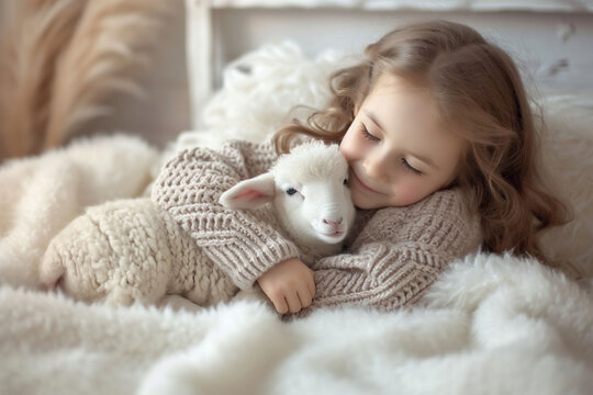 A young girl, clad in a knit sweater, affectionately embraces a baby lamb, showcasing a bond between child and animal in a cozy setting, adorable and cute picture