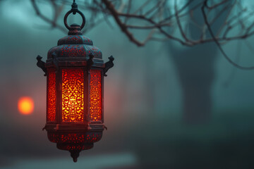 An image of a lone lantern hanging against a plain background, creating a sense of depth. Concept of simplicity and depth in photography. Generative Ai.