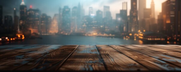 Wood grain table mockup with city blurry background