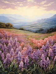 Vintage Lilac Fields: A Blooming Scenic Print of a Picturesque Landscape.