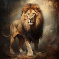 Obraz premium The Nocturnal Majesty: Painting Of Solitary Lion Against the Shroud of Night