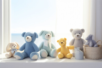 A collection of plush kids toy bears in shades of blue and yellow are thoughtfully positioned on a windowsill, bathed in natural light. - obrazy, fototapety, plakaty