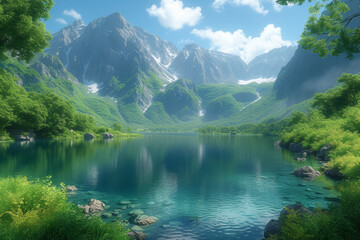 A panoramic view of a pristine mountain lake surrounded by lush greenery, capturing the serenity and untouched beauty of a remote wilderness. Concept of unspoiled mountain landscapes. Generative Ai.