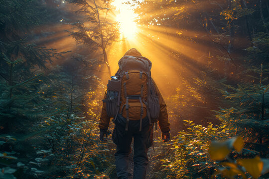 An image of a lone backpacker trekking through a dense forest with sunlight filtering through the trees, showcasing the spirit of adventure and exploration.  Generative Ai.