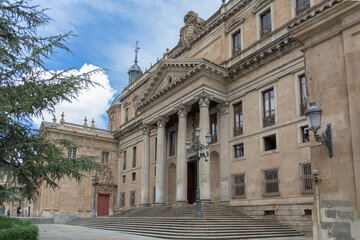 Fototapeta na wymiar Front facade view at the Faculty of Philology at the University of Salamanca, an iconic building on Salamanca downtown, Spain