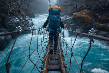 A shot of a solo backpacker crossing a rickety suspension bridge high above a rushing river, highlighting the courage and resilience required for solo outdoor expeditions.  Generative Ai. - obrazy, fototapety, plakaty