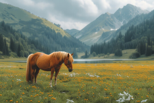 A photograph of a serene alpine meadow with wild horses grazing peacefully, illustrating the untamed beauty and freedom of unexplored wilderness.  Generative Ai.
