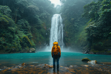 Fototapeta premium An image of a photographer capturing the essence of a roaring waterfall in a dense rainforest, illustrating the dedication to preserving the beauty of natural wonders photography. Generative Ai.