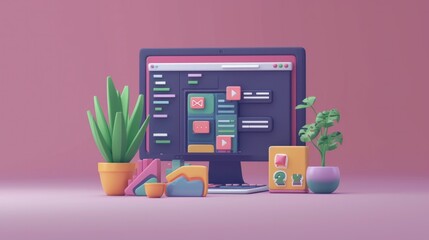 Web Development concept depicted with a 3D vector icon in a cartoon minimal style, showcasing website coding and web page creation - obrazy, fototapety, plakaty