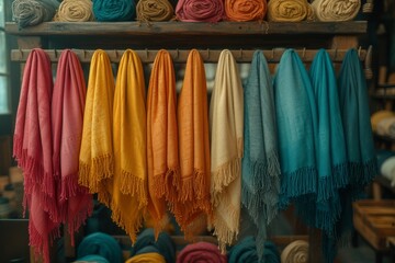 A vibrant array of soft, intricately woven scarves adorn a rack in a cozy indoor store, showcasing the beautiful textile artistry of silk fibers and delicate threads