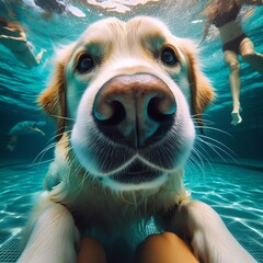 Underwater View of a Dog and Human Swimming Together - obrazy, fototapety, plakaty