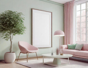 Single vertical ISO A0 soft glossy frame mockup, reflective glass, mockup poster on the wall of living room. Interior mockup. Apartment background. Modern Japandi interior design. 3D render