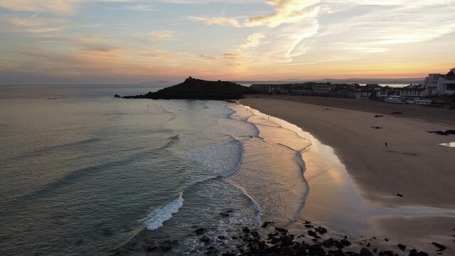 st ives beach at sunrise drone picture
