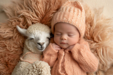 A cozy baby, wearing a peachy knit hat, snuggles close to a sleeping baby alpaca, illustrating the comforting companionship of plush animals.
