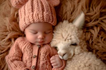 A baby, adorned in a soft pink knitted hat and sweater, shares a tender moment with a alpaca, highlighting a nurturing theme.