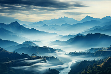 An ethereal mountain landscape where peaks are veiled in wisps of pastel-colored mist, creating an...