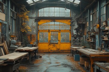 A deserted building holds a decaying room, filled with abandoned furniture and yellow doors, where a lone desk sits by a window, inviting exploration of its forgotten history