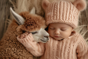 A tranquil infant, dressed in a pink knitted ensemble, peacefully rests with a gentle baby alpaca, embodying the bond between children and animals.