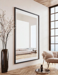 Single vertical ISO A0 soft glossy frame mockup, reflective glass, mockup poster on the wall of living room. Interior mockup. Apartment background. Modern Japandi interior design. 3D render