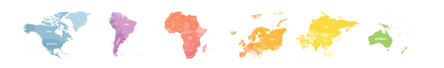 Set of six world continent maps in a row - North America, South America, Africa, Europe, Asia and Australia. Flat vector map with country name labels © pyty