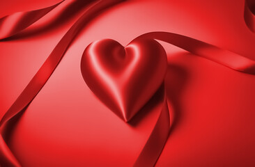 Wallpaper of red heart on red satin on the red background. Horizontal format.