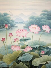 Vintage Water Lily Art: Floating Lotus Ponds in a Serene Nature Landscape