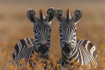 Two majestic zebras, symbols of the wild and grace, stand tall in a sea of green grass, embodying the beauty and resilience of terrestrial animals in their natural habitat