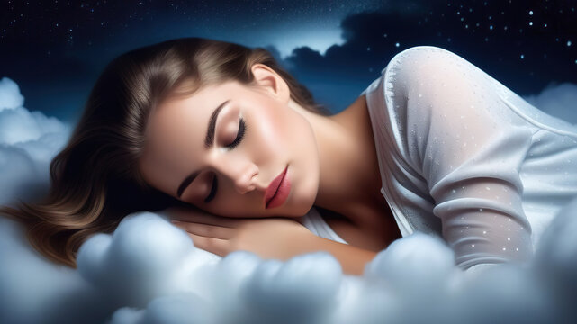 Beautiful girl sleeping on a cloud on a dark starry night. Generated with AI