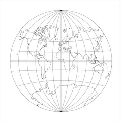 Simplified Map of World in the circle focused on Europe and Africa. Latitude and longitude grid. Van der Grinten projection. Thin black line wireframe vector illustration
